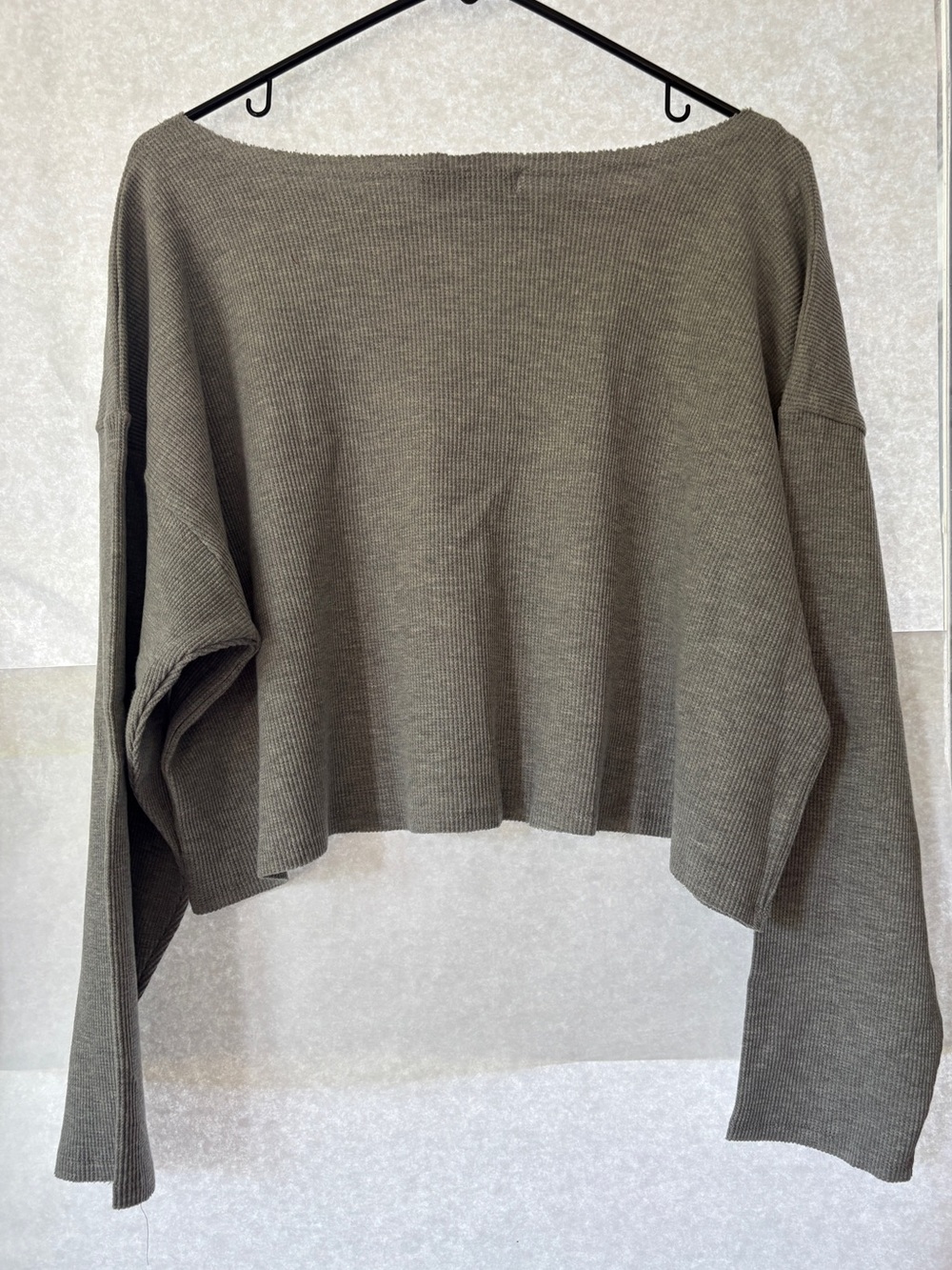 Daydreamer Gray Cropped Long-Sleeve, Off the Shoulder Top, Waffle Knit - Picture 4 of 6